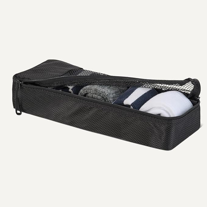 Amazon Essentials 4-Piece Packing Cubes Travel Accessories Set, Luggage Organizer with Double Zipper, Mesh Top, Space-Saving, Slim, Black (Previously Amazon Basics)