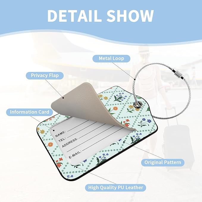 2 Pcs Luggage Tag for Suitcases, Floral Flowers Cute PU Leather Suitcase Tag Privacy Cover ID Label with Metal Loop, Personalized Baggage Identifier for Women Cruise Bag Travel Essentials