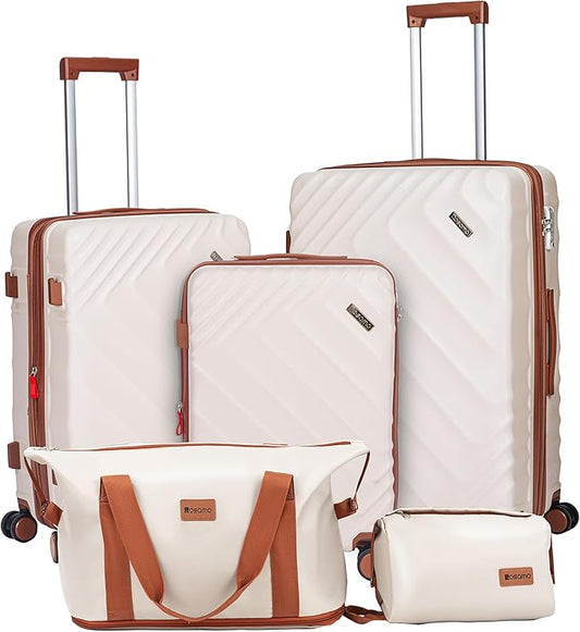 5 piece Luggage Set Expandable Suitcase 22x14x9 Airline Approved Carry on, ABS Hard Case Suitcases with Spinner Wheels, TSA Lock (Beige)