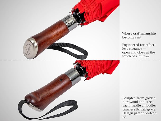 Balios (Designed in UK) Travel Umbrella Luxurious Golden Hardwood Handle Auto Open & Close Windproof Frame Single Canopy Automatic Folding Umbrella Men's & Ladies