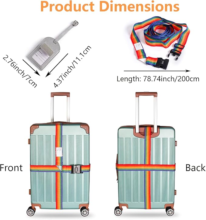Luggage Straps for Suitcases,Travel Luggage Straps with Lock and Luggage Tags,Suitcase Strap,Adjustable Colorful Travel Belt for Travel Suitcase Bag Closure Accessories.(Rainbow)