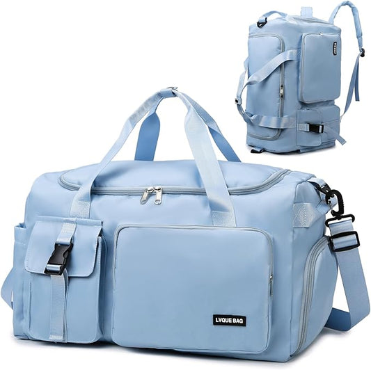 Eslcorri Gym Duffle Bag for Women Men, Sports Backpack with Wet & Shoe Compartment, Fitness Overnight Weekender Bag for Yoga, Swim, Travel (B, Light Blue)