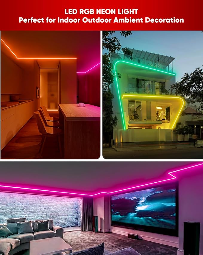 LED RGB Neon Rope Lights AC 120V, Expandable & Cuttable Bright Strip Lighting with Remote, Dimmable Color Changing, ETL Cold-Resistant & IP65 Waterproof for in&Outdoor, 10x20mm, 16.4FT