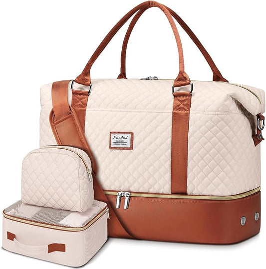 Travel Weekender Duffle Bags for Women: Overnight Bags with Shoe Compartment Large Carry on Weekend Bag with Toiletry Bag & Wet Pocket Tote Duffel Hospital Bag for Women Labor Delivery Begie Brown
