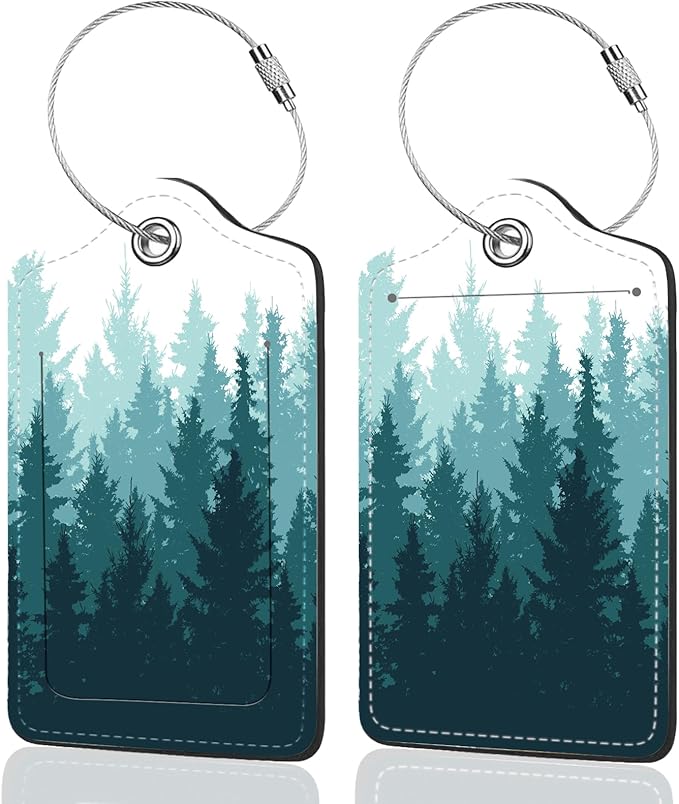 2Pack Luggage Tags for Suitcases, Cute Unique Pu Leather Cruise Luggage Tag with Privacy Cover ID Label Address Card and Metal Ring Suitable for Women Men Kids Travel Bag Green Forest