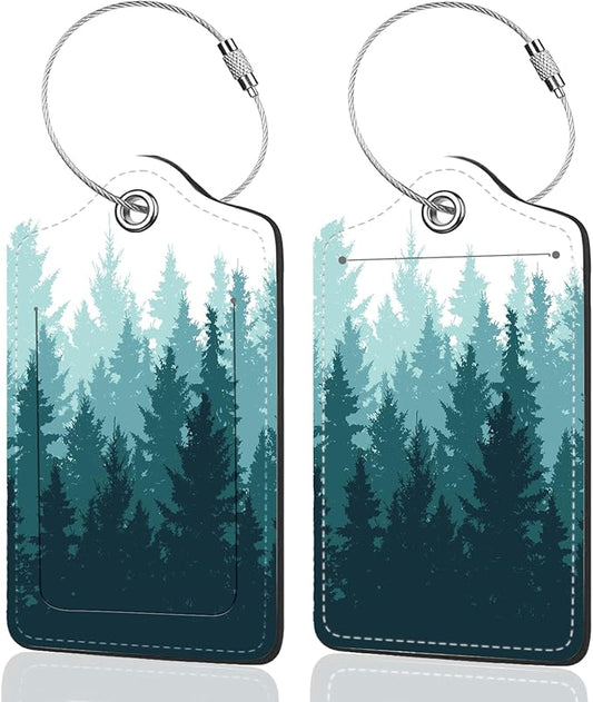 2Pack Luggage Tags for Suitcases, Cute Unique Pu Leather Cruise Luggage Tag with Privacy Cover ID Label Address Card and Metal Ring Suitable for Women Men Kids Travel Bag Green Forest