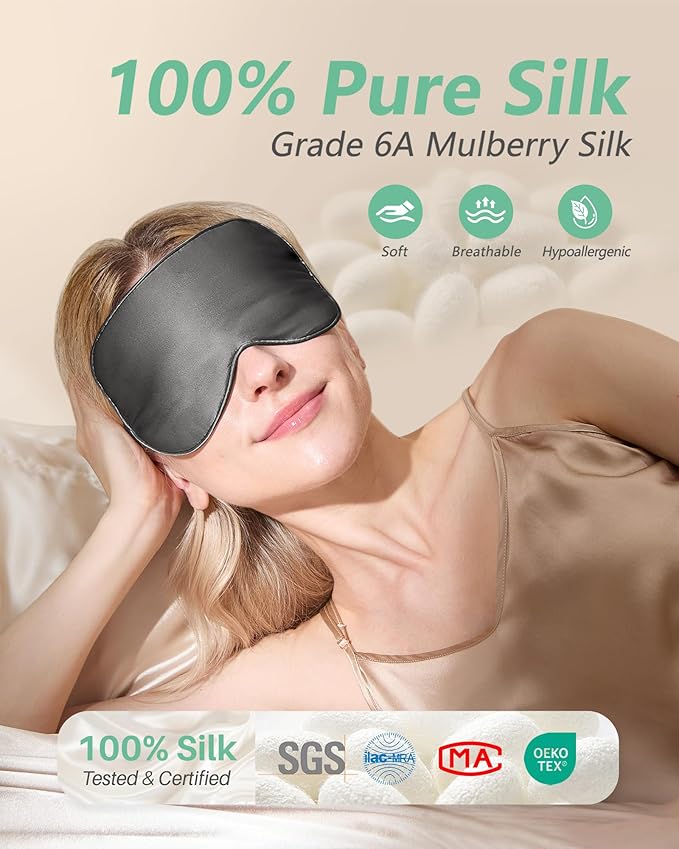 BeeVines 100% Real Mulberry Silk 2 Pack Sleep Mask, Pure Silk Eye Masks with Adjustable Strap for Sleeping, 100% Block Light Eye Shade Cover, Reduces Puffy Eyes Traveling Gifts(Black & Galaxy Grey)