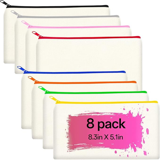 ZeeDix Canvas Pouch- Multi-purpose Cosmetic Bag with Zipper, DIY Craft Canvas Zipper Pouch Blank Makeup Bags Bulk Travel Toiletry Bag for Storage (8.3 x 5 inches)