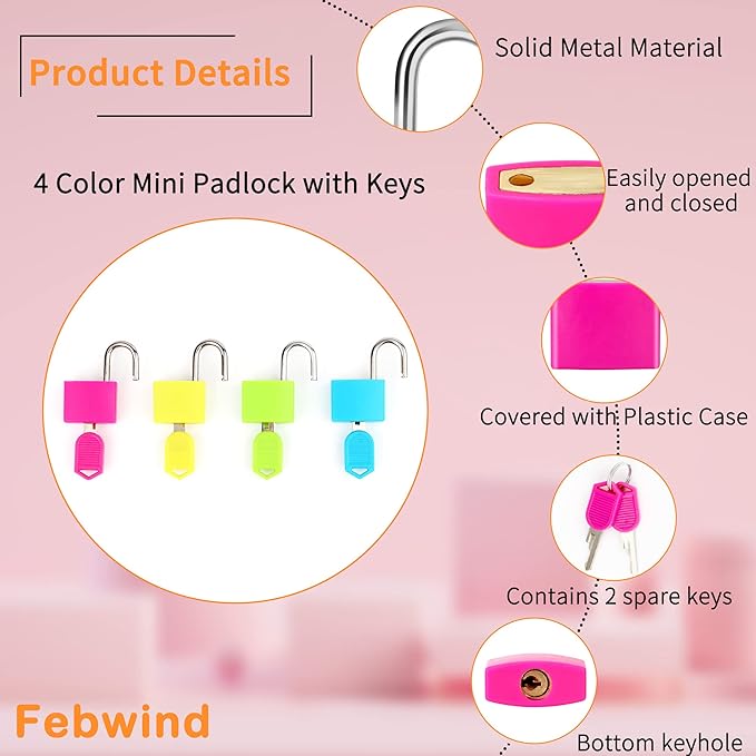 4 Pcs Suitcase Locks with Copper Keys Protect Your Belongings with Febwind's Set of 4 Mini Padlocks Multicolor Durable Locks for Suitcases Backpacks Boxes Cabinet and Laptop Bags