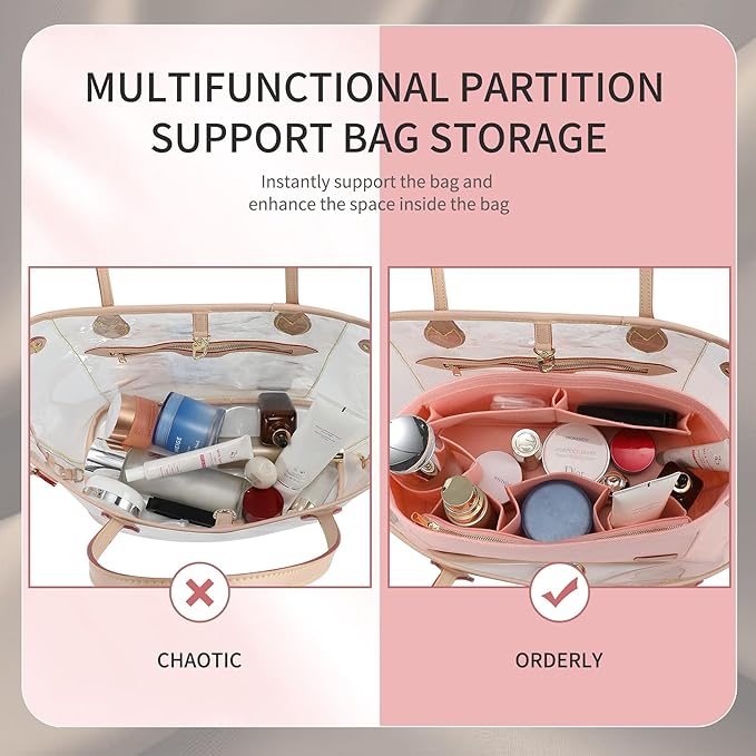 Doxo Purse Organizer Insert & Base Shaper 2pc Set, Felt Handbag & Tote Bag Fit LV Nererfull PM More(Pink,Medium-Combination)