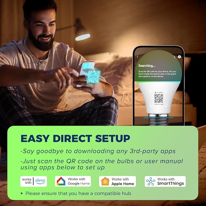 Matter Smart Light Bulbs 100W, Color Changing Light Bulbs | Compatible with Alexa/Apple Home/Google Home/Siri/SmartThings, 1350LM 11W E26 RGBCW Smart Bulb, 2.4G WiFi, ETL Listed, 4 Pack