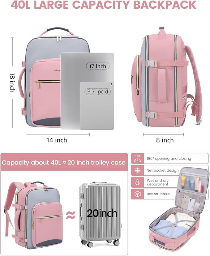 LOVEVOOK 40L Travel Backpack for Women & Men, Airline Approved Carry On Luggage with 3 Packing Cubes, TSA Overnight Bags, Waterproof Personal Item Bag, Weekender Essentials Backpacks fits 17" Laptop