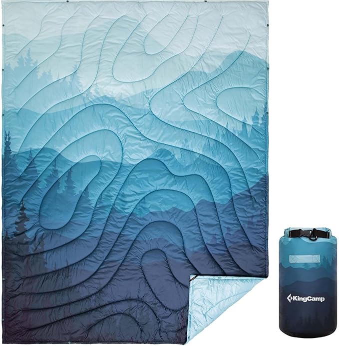 KingCamp Ultralight Camping Blanket, Packable Down Alternative Puffy Printed Wearable Blanket with Snap Buttons & Corner Loops Weatherproof Quilt for Outdoor Travel Stadium (78.7"L x 57.1”W, CYAN)