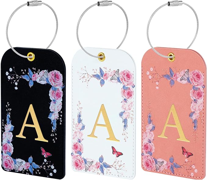 3 Pack Luxury Floral Luggage Tags, Durable PU Leather Suitcase Tags with Stainless Steel Cable Strap, Hidden ID Slot for Privacy Protection, Easy to Identify Waterproof Travel Accessories Gift (A)