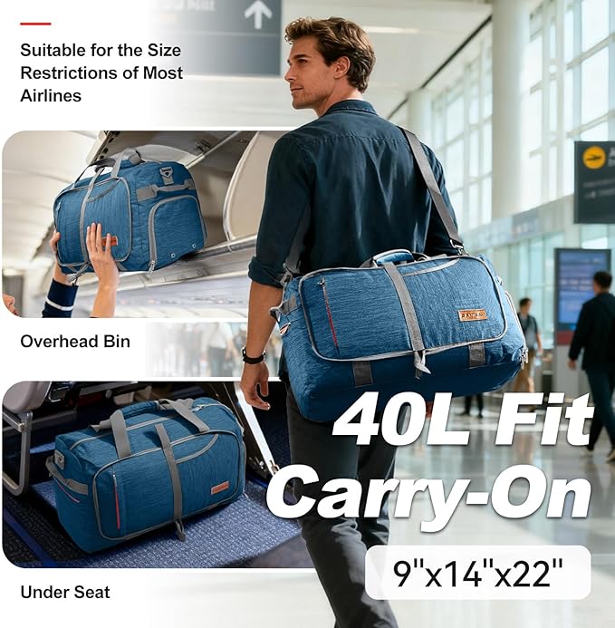 Canway 40L Foldable Duffle Bag for Travel Men & Women Carry On 22"x14"x9" Airline Approved, Small Luggage Overnight Bag with Shoe Compartment, Water-Resistant Gym & Sports Bag