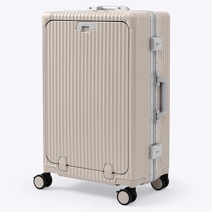 Nobl Travel Zipperless Check In Suitcase - Aluminum Frame, Medium Check In luggage 27x17.5x10.4 Airline Approved by Noble Travel - Polycarbonate Shell - TSA Locks, 360° Spinner Wheels - Sand