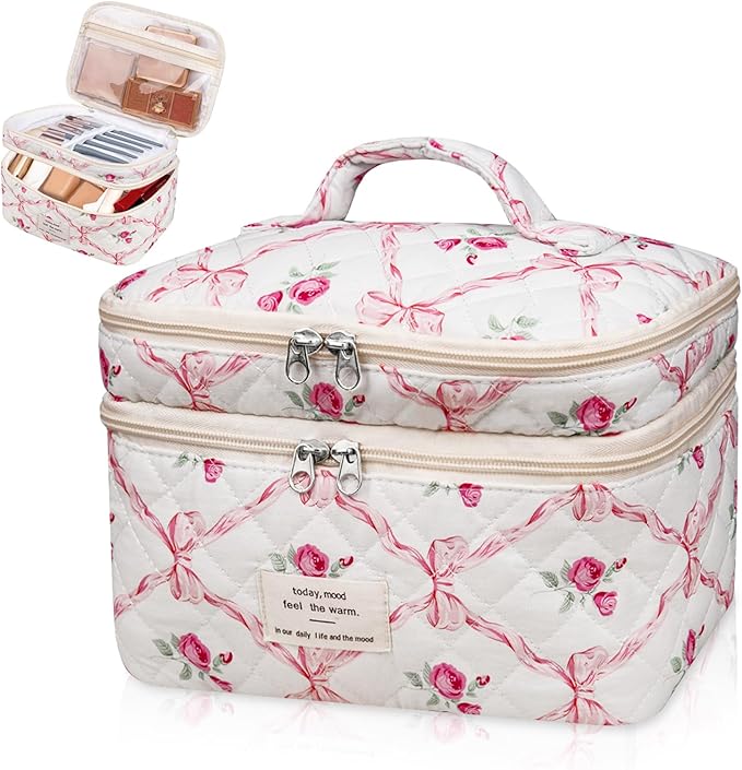 Makeup bag, Large Cosmetic Bag for Women Girls, Cute Quilted Makeup Bags, Floral Coquette Aesthetic Toiletry Bag, Travel Make Up Organizer Bag (Pink)