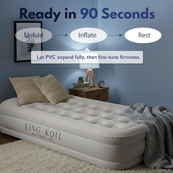 King Koil Plush Pillow Top Twin Air Mattress with Built-in High-Speed Pump for Camping, Home & Guests - 20” Twin Size Airbed Luxury Inflatable Blow Up Mattress, Waterproof, 1-Year Warranty