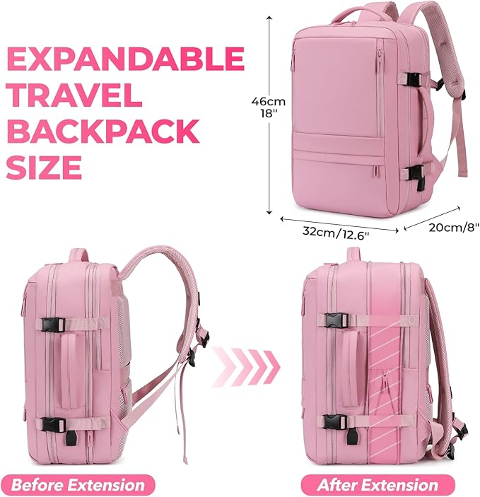 Travel Backpack for Women | Expandable Carry On Backpack with 17.3 Inch Laptop Compartment - Personal Item Travel Bags for Women Nurse Work Bag for Traveling Weekender Business College - Pink