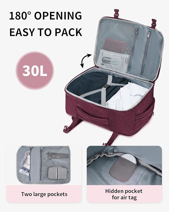 ECOHUB Travel Backpack for Women, 18x14x8 Spirit Airlines Personal Item Bag with Clear Toiletry Bag, Laptop Carry on Backpack with USB Port, Airline Approved Under Seat 14 Pockets 30L, Red