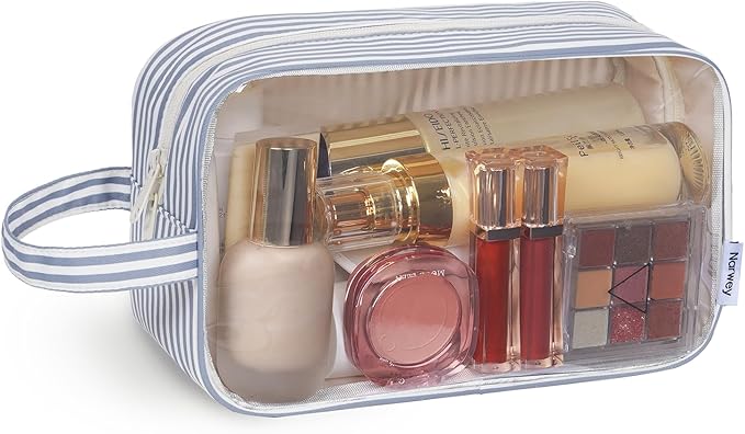 Narwey Clear Toiletry Bags for Traveling Women Men, Clear Travel Bags for Toiletries Makeup Bag Cosmetic Bag with Zipper, Make Up Organizer, Skincare Bag (Greyish Blue Stripe)