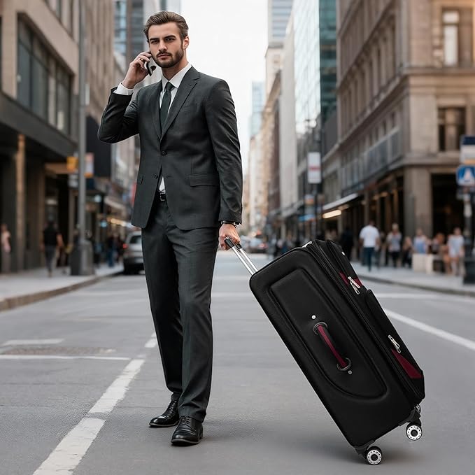 32'' Large Softside Suitcase,Expandable 15% Luggage,with Double Spinner Wheels and LOCK,Lightweight Travel Suitcase for Men/Women（Black-Burgundy,32in）