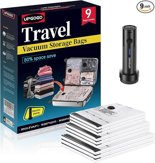 Travel Vacuum Bags for Luggage with Portable Electric Pump,Vacuum Seal Bags for Clothing,Packing Cubes Compression,Cruise Ship and Travel Essentials(Combo 9 Pack)