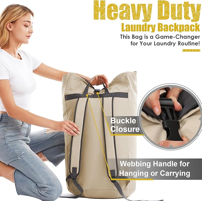Backpack Laundry Bag, 115L Heavy Duty Extra Large College Laundry Backpack, Dirty Clothes Bag with Shoulder Straps, Laundry Hamper Bag with Drawstring Closure for College Dorm, Apartment Khaki