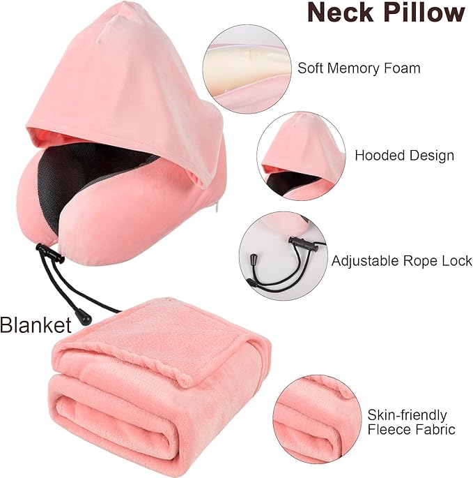 Travel Blanket Pillow Set - Travel Neck Pillow & Blanket for Airplane, Thick Fleece Plane Blanket, Hooded Memory Foam Neck Pillows, Foldable Duffel Bag, Sleep Mask, Earplugs for Plane Traveling, Pink