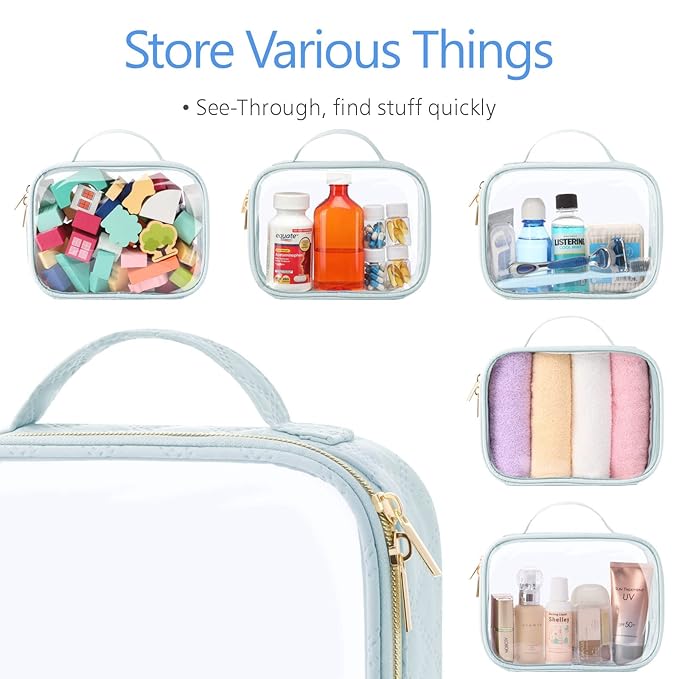 PACKISM TSA Approved Toiletry Bag 3 Medium, 3-1-1 Compliant Clear Makeup Bag with Handle, Quart Size Toiletry Bags Fit Carrv-on Travel Essentials, Water Resistant PVC, Grayish Blue, Rose Pink, Yellow