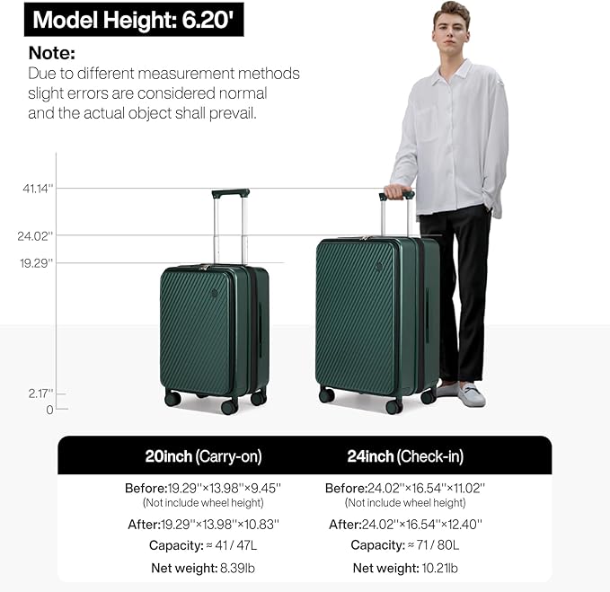 mixi 20 Inch Expandable Carry On Luggage PC Hard Shell Suitcase Top Opening Rolling Travel Suitcases with Spinner Wheels & TSA Lock, Blackish Green