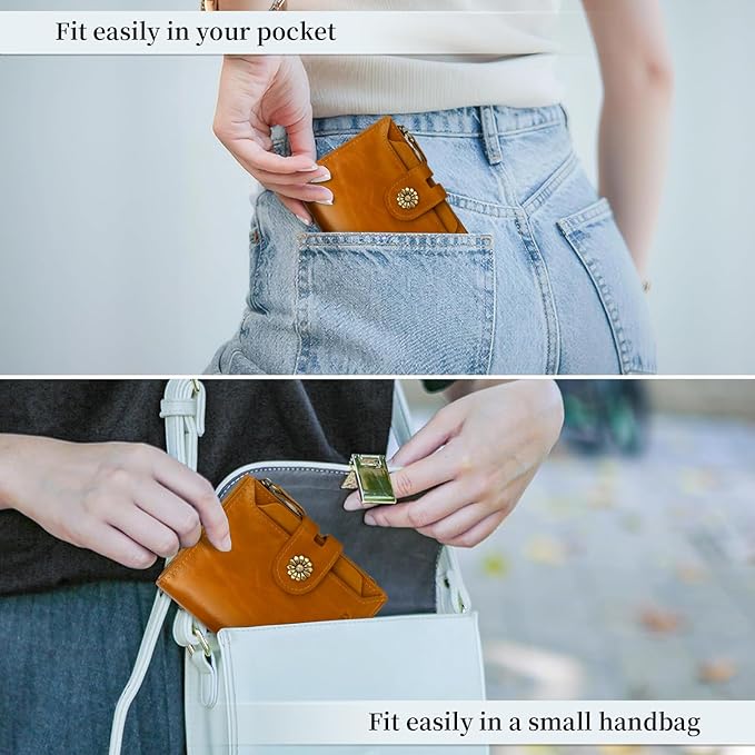 Leather Wallet Women,RFID Blocking Womens Wallet Bifold Compact Card Holder Small Wallet for Women with Removable ID Window LightBrown