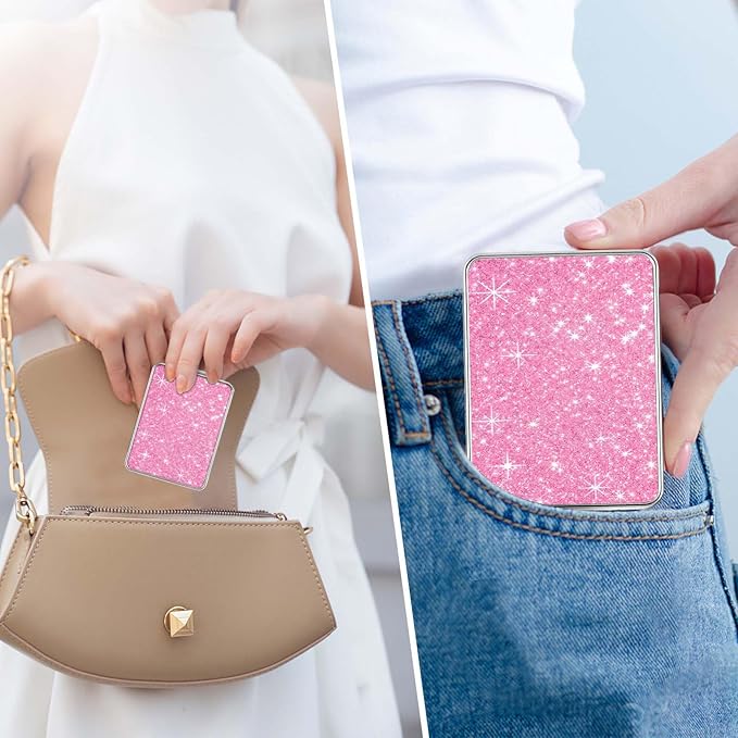 Pocket Mirror, Small Travel Mirror with Magnification, Portable Double-Sided Magnifying Cosmetic Mirror for Daily (2 Shiny)
