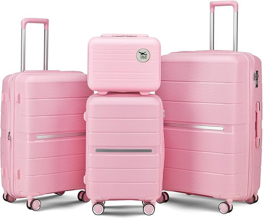 4 Piece Expandable Hardshell Pink Luggage Sets with Spinner Wheels, Lightweight Travel Suitcase Set with TSA Locks, 20 inch Carry On for Women (Pink#C, 4 Piece Set)