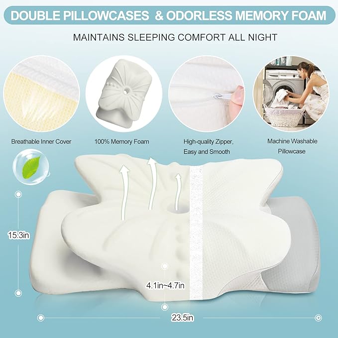 Cervical Pillow for Neck, Odorless Contour Memory Foam Pillows, Ergonomic Orthopedic Bed Pillows for Sleeping, Support Side Back Stomach Sleeper (Queen)