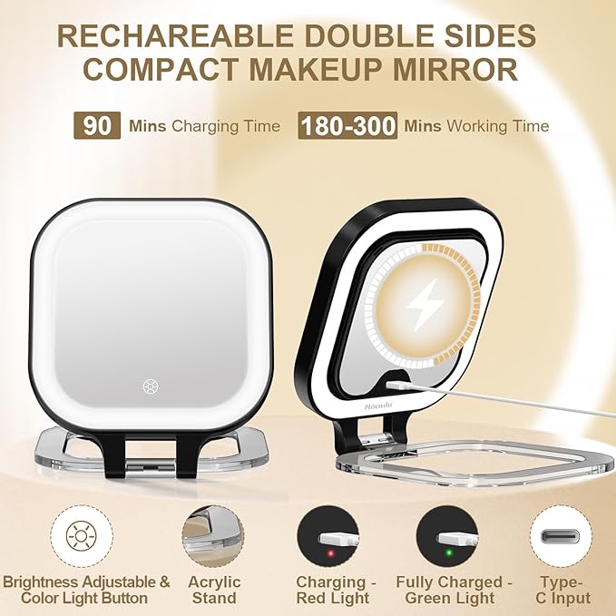 Mocado Compact Travel Makeup Mirror, 1X/20X Magnifying Mirror with Light, Double Sides Compact Mirror with 3 Color Light, Dimmable Handheld Mirror, Rechargeable Travel for Purse,Pocket(Black)