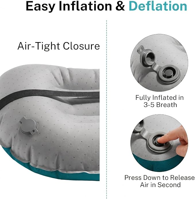 Camping Pillow-Compressible, Ultralight Inflatable,Compact, Comfortable, Ergonomic Inflating Pillows for Neck & Lumbar Support While Camp, Hiking(Grain Blue,with Anti Slip Straps)