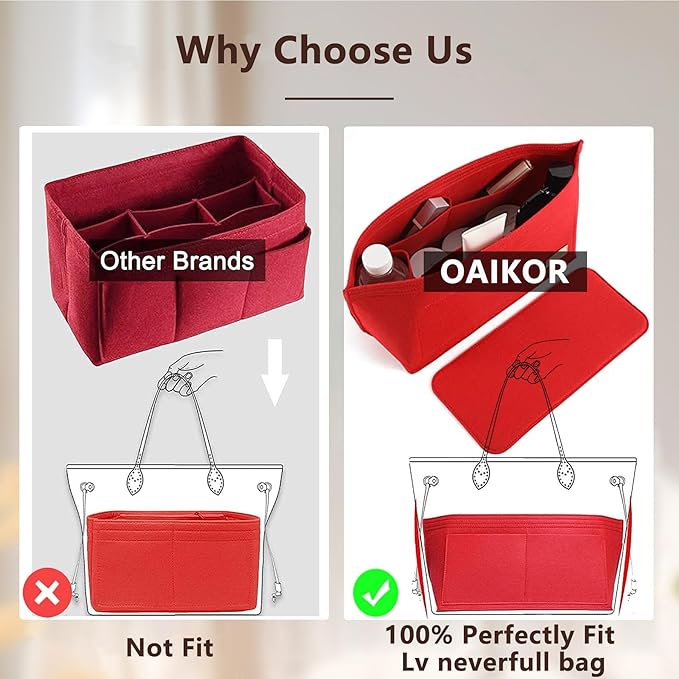 Purse Organizer Insert Compatible with Neverfull GM and More, Felt Bag Organizer Liner with Base Shaper for Tote Handbags, Red, XL
