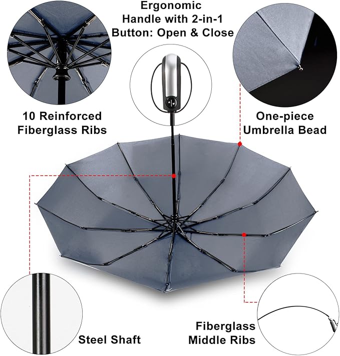 TradMall Travel Umbrella Windproof with 56 Inches Large Canopy 10 Reinforced Fiberglass Ribs Ergonomic Handle Auto Open & Close, Gray