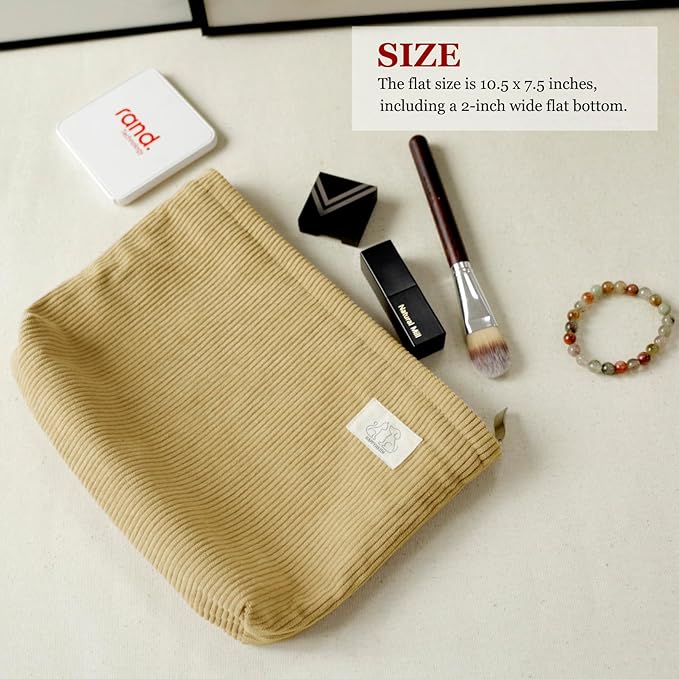 HAPPYHEIDI Cute Corduroy Makeup Bag with Pocket, Large Cosmetic Travel Pouch, Vintage Yellow, Lightweight, Zipper Closure, Canvas Lined