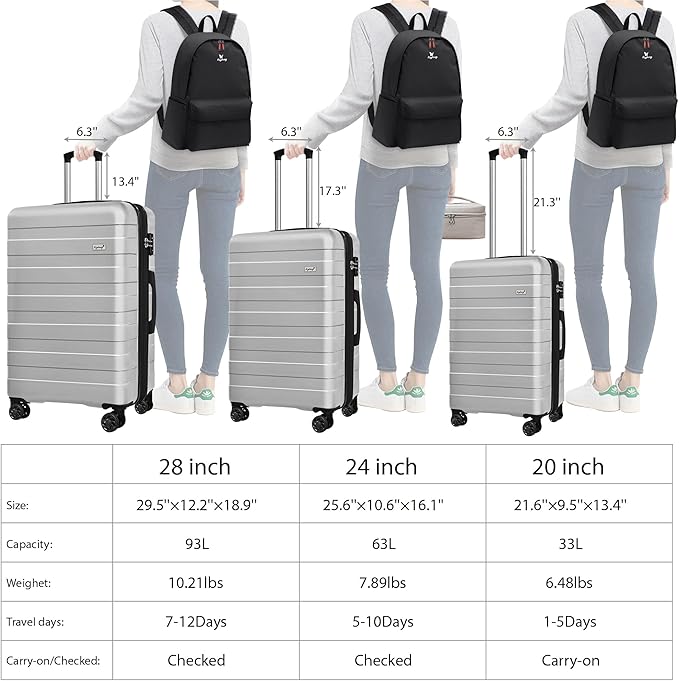 Zebra Luggage Sets 5 Piece, Lightweight Hardside Business Travel Suitcase Set with TSA Lock, Bonus Travel Backpack & Makeup Bag, 20/24/28 inch,Silver