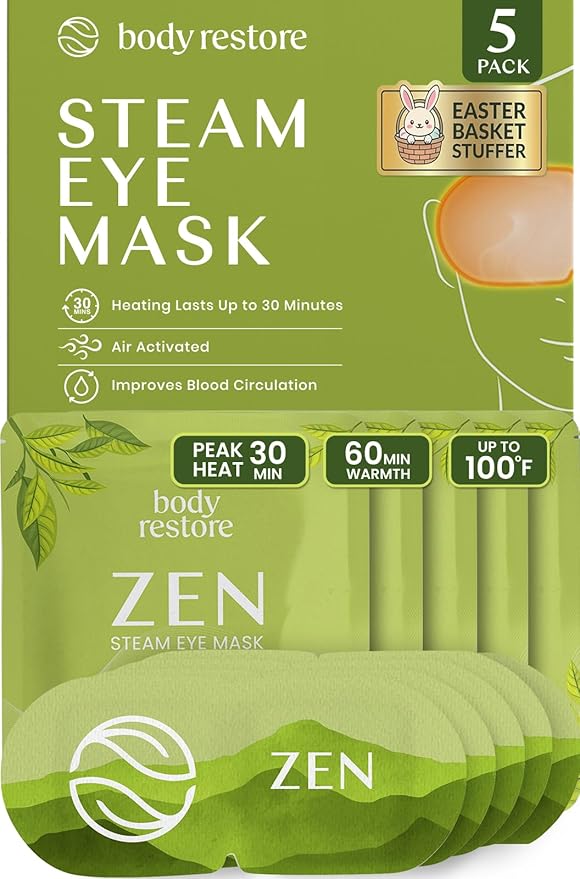 Body Restore Heated Eye Mask 5 Pack – Easter Basket Stuffers, Easter Birthday Gifts for Women & Men, Steam Warm Compress for Dry Eyes, Stye Eye Treatment – Green Tea
