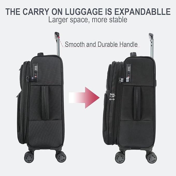 KROSER Softside Expandable Carry On Luggage with Front Business Pockets，20 Inch Suitcases with Spinner Wheels & Built-in TSA Lock, Durable Suitcase Rolling Luggage with USB Port, Black