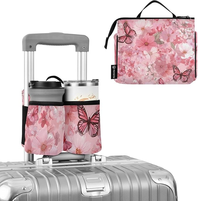 Hot Pink Butterflies Flowers Luggage Cup Holder Travel Portable Free Hand Drink Carrier Suitcase Drinks Beverage Holder Carry-On Bottle Mug Holder Organizer Bag Travelers Accessories
