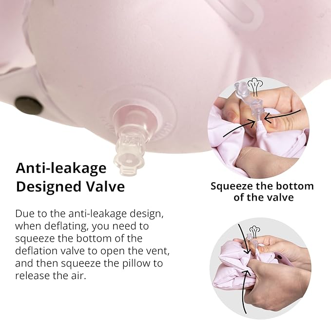 Ultralight Inflatable Travel Neck Pillow Press to Inflate Leak-Proof Design Compressible Adjustable Neck Support for Airplane Camping Driving Sleeping Business Trip Long Flights (Pink, Medium)