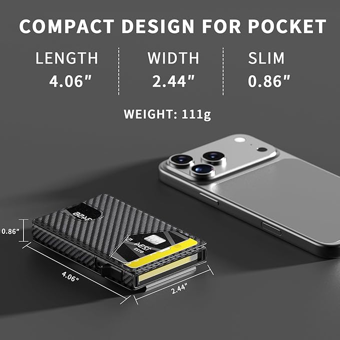 Wallet for Men Aluminum RFID Blocking -Metal Smart Pop-Up Credit Card Holder with 2 ID Windows, Holds 8-10 Cards,Bifold Security Front Pocket Wallet & Money Clip,Men's accessories(Carbon)