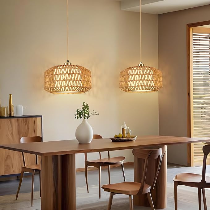 Plug in Pendant Light, Rattan Hanging Lights with Plug in Cord | Rattan Woven and Fabric 2 in 1 LampShade, Hanging Lamp Plug in for Bedroom Living Room Kitchen Island (Bulb Included)