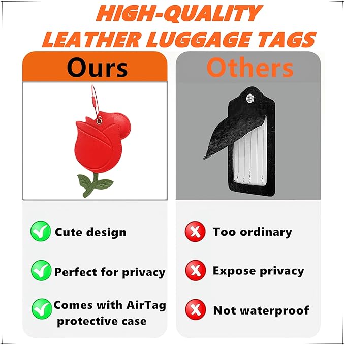 Cute Leather Luggage Tag Holder with Airtag Case Set,Hidden Compartment for AirTag Travel Suitcase Tracking Case with Stainless Steel Loop,Name ID Label(Red Rose)