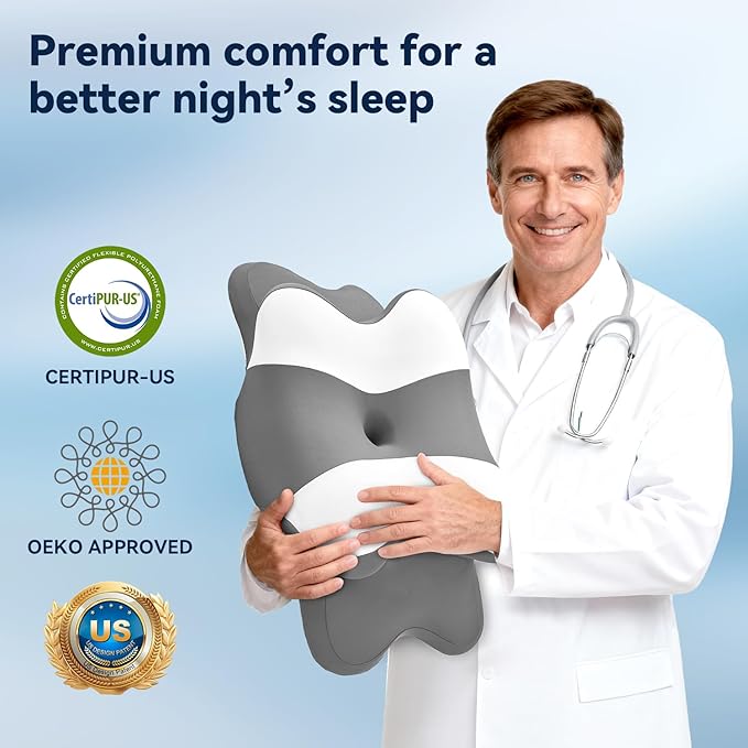 Sleep Apnea Pillow with Neck Pain & Snoring Relief -Orthopedic Cervical Pillow, Ergonomic Contour Memory Foam for Side, Back,Stomach Sleepers, Medium Firm (GreyWhite, Queen Size 25" Lx15 Wx5.8 H)