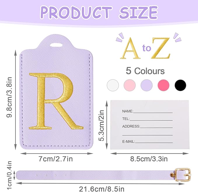 Personalized Initial Luggage Tags for Suitcases, Cute PU Leather Embroidered Letter Travel Luggage Tags, Suitcase Identifier Name Baggage Tag, Bag Tags for Men Women Kids Luggage Handbags(Purple R)